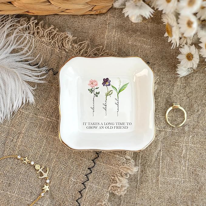 It Takes A Long Time to Grow Old Friends, Personalized Best Friend Jewelry Dish, Custom Names and Birth Month Flowers Ring Dish, Bestie Gifts Long Distance Friendship Gifts