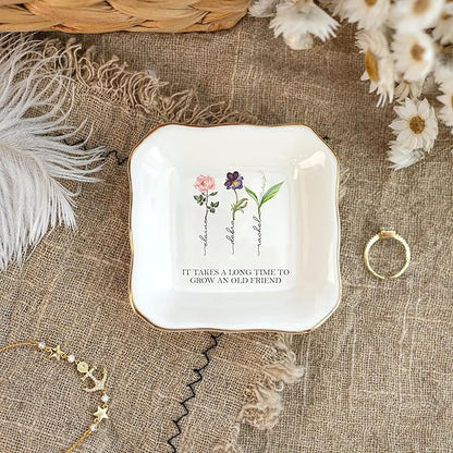 It Takes A Long Time to Grow Old Friends, Personalized Best Friend Jewelry Dish, Custom Names and Birth Month Flowers Ring Dish, Bestie Gifts Long Distance Friendship Gifts