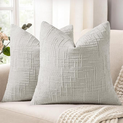 decorUhome Spring Light Grey Chenille Throw Pillow Covers 18x18 Set of 2 Textured Slubby Couch Pillow Covers Farmhouse Accent Modern Neutral Decorative Pillow Cases for Bed Sofa Living Room