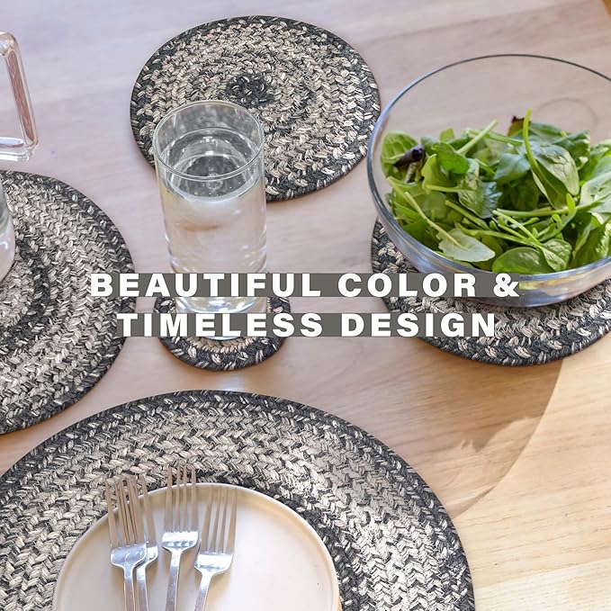Homespice Flint Hill Jute Braided Kitchen Trivets for Hot Dishes, Warm Primitive Decor, Set of 6, Grey 8" Round Heat Resistant Mat - Rich Colors, Easy to Clean, Durable and Protects Furniture