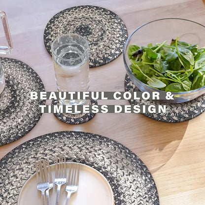 Homespice Flint Hill Jute Braided Kitchen Trivets for Hot Dishes, Warm Primitive Decor, Set of 6, Grey 8" Round Heat Resistant Mat - Rich Colors, Easy to Clean, Durable and Protects Furniture