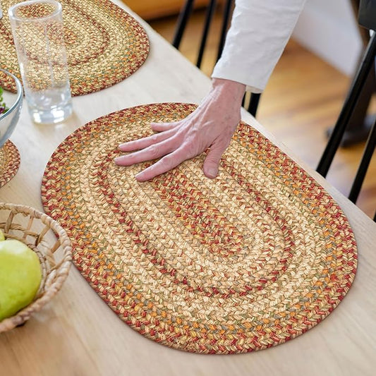 Homespice Harvest Jute Braided Oval Placemats, Warm Country Decor, Set of 6, 13x19 Multicolor Table Mats - Vibrant Colors, Durable, Easy to Clean and Protects Furniture