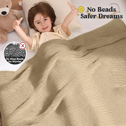 Guohaoi Knitted Weighted Blanket Kids (Beige 50"x60" 7lbs) No Beads Cooling Heavy Blanket, Home Decor Breathable Chunky Knit Throw Blanket for All-Season Use