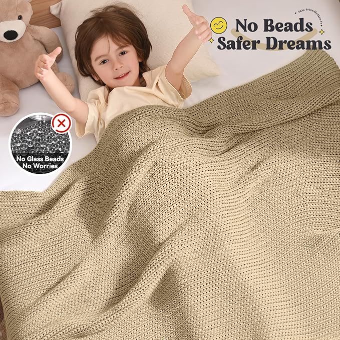 Guohaoi Knitted Weighted Blanket Kids (Beige 50"x60" 10lbs) No Beads Cooling Heavy Blanket, Home Decor Breathable Chunky Knit Throw Blanket for All-Season Use