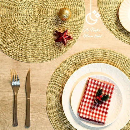 AHHFSMEI Round Braided Placemats 15 Inch Round Table Mats for Dining Tables Natural Woven Heat Resistant Place mats Set of 6 (Gold Shine)