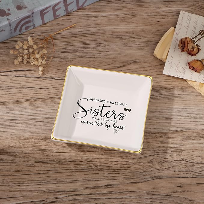 JoycuFF Sister Birthday Gifts from Sisters Ceramic Trinket Dish Jewelry Ring Holder Unique Thanksgiving Day Christmas Gifts for Women Trinkets for H