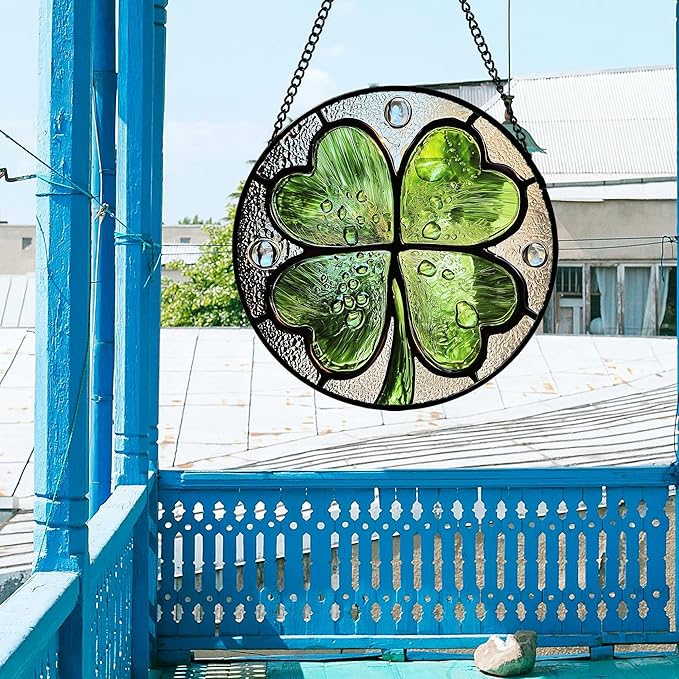 Stained Glass Window Hanging - St. Patrick's Day Green Irish Themed Gifts Sun Catcher Door Home Clover Decor Suncatcher Christmas Mother's Day Birthday Gifts for Women Men Mom Nana 15 in