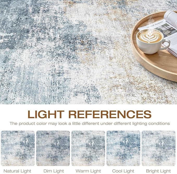 9x12 Area Rug Living Room: Washable Large Neutral Rugs Abstract Soft Modern Stain Resistant Indoor Floor Non-Slip Carpet for Bedroom Nursery Kids Office Playroom Dining Room Under Table- Blue Gold