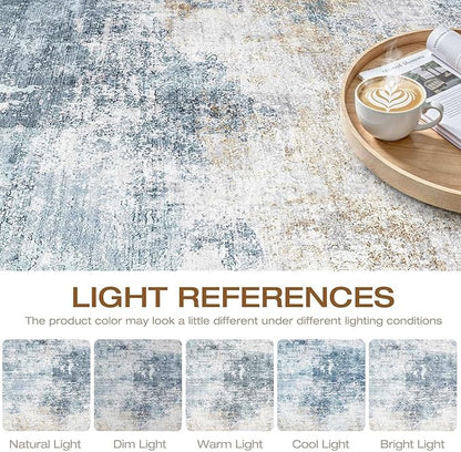 10x12 Area Rugs Living Room: Washable Large Neutral Rug Abstract Soft Modern Stain Resistant Indoor Floor Non-Slip Carpet for Bedroom Nursery Kids Office Playroom Dining Room Under Table- Blue Gold