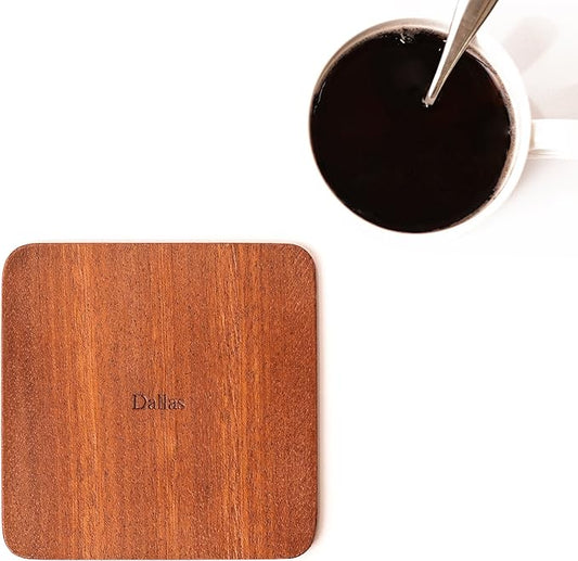 Dallas Map Coaster by O3 Design Studio, Set Of 4, Sapele Wooden Coaster With City Map, Handmade