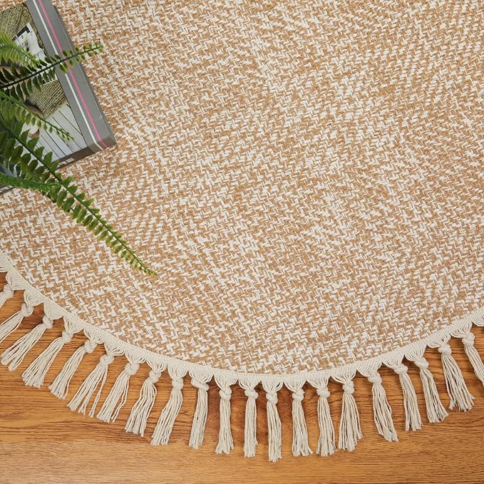 Collive Hand Woven Round Area Rug Soft Cotton Machine Washable Carpet 4ft Farmhouse Rugs with Tassels, Tan/Cream Circle Rugs for Bedroom Living Room Dining Room Table Office
