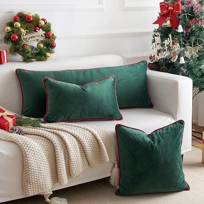 LIGICKY Christmas Long Lumbar Pillow Cover 14x36 inch Red Velvet Dark Green Rope Edging Throw Pillow Covers Decorative Rectangular Body Pillow Case Accent Textured Cushion Cover for Bed Couch