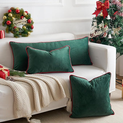 LIGICKY Christmas Long Lumbar Pillow Cover 14x36 inch Red Velvet Dark Green Rope Edging Throw Pillow Covers Decorative Rectangular Body Pillow Case Accent Textured Cushion Cover for Bed Couch