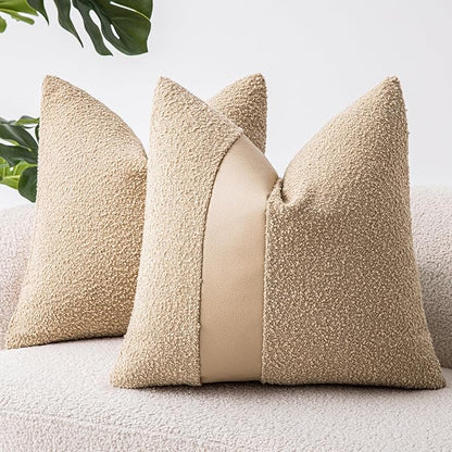 18"x18" Khaki Boucle Throw Pillow Covers with Faux Leather Accents Set of 2 Fluffy Textured Decorative Pillow Cases for Couch Bed Boho Farmhouse Square Cushion Covers for Nordic Home Décor