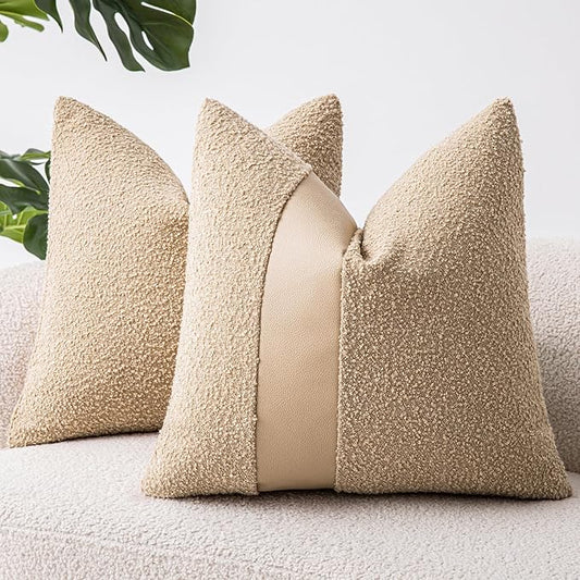 18"x18" Khaki Boucle Throw Pillow Covers with Faux Leather Accents Set of 2 Fluffy Textured Decorative Pillow Cases for Couch Bed Boho Farmhouse Square Cushion Covers for Nordic Home Décor