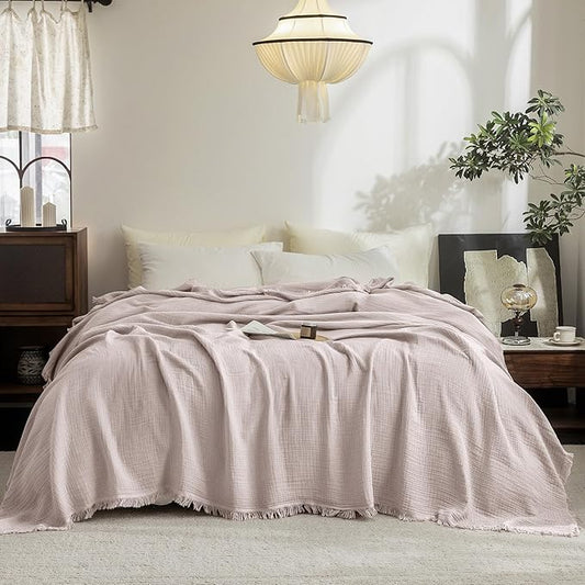 FOSSA Muslin Blanket with Fringe - 4-Layer 100% Cotton Gauze Super Soft & Breathable Throw -Lightweight Decorative Cooling Blanket for Bed, Sofa, Office (Greyish Pink, King (104" × 90"))