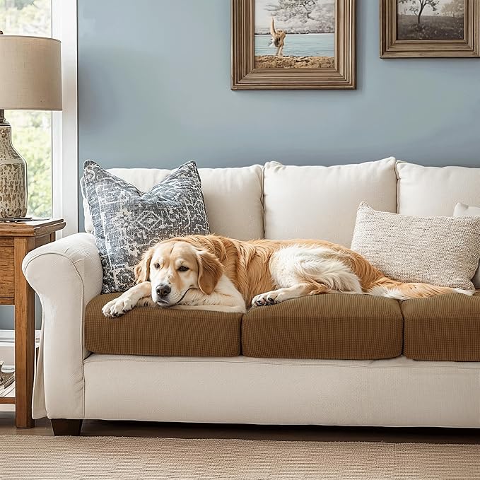 CHUN YI 3Piece Stretch Couch Cushion Covers, Sofa Seat Slipcovers for Pets, Suitable for Armchair Loveseat Sofa with Spandex Jacquard Washable Fabric(3Piece,Coffee)