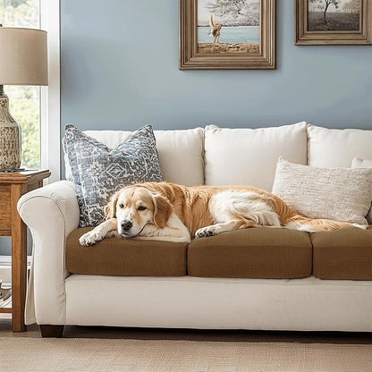 CHUN YI 3Piece Stretch Couch Cushion Covers, Sofa Seat Slipcovers for Pets, Suitable for Armchair Loveseat Sofa with Spandex Jacquard Washable Fabric(3Piece,Coffee)