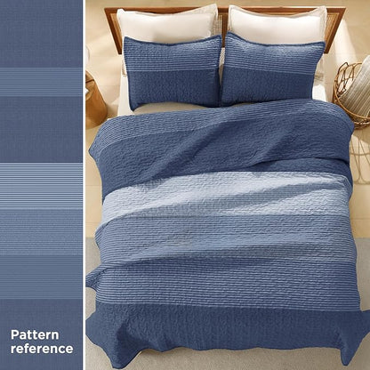 Litanika Quilt Queen Size Sapphire Blue, Stripe Patchwork Summer Bedspread Coverlet 3 Pieces, Soft Lightweight Microfiber Quilted Bedding Set for All Season(1 Quilt, 2 Pillowcases)