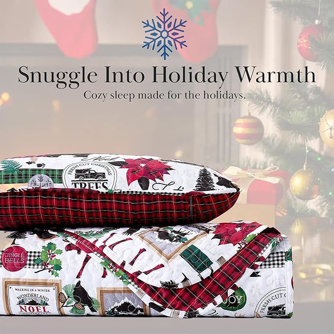 Southshore Fine Living, Inc. Merry Town Christmas Quilt Set, Queen/Full Size 3-Piece Christmas Bedding Set w/Matching Holiday Pillow Shams, Reversible 2-Sided Red Plaid Quilt & Rustic Cabin Print