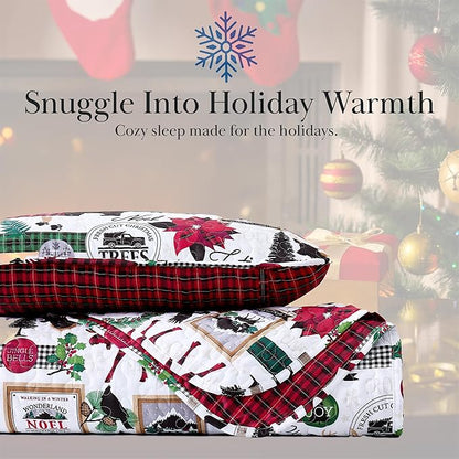 Southshore Fine Living, Inc. Merry Town Christmas Quilt Set, Queen/Full Size 3-Piece Christmas Bedding Set w/Matching Holiday Pillow Shams, Reversible 2-Sided Red Plaid Quilt & Rustic Cabin Print