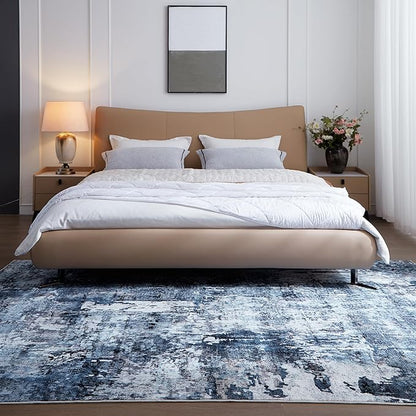 Rugcomf 4x6 Rug Washable Boho Soft Area Rug Abstract Pattern Non-Slip Faux Wool Vintage Rug for Living Room, Bedroom Rug, Farmhouse, Dining Room, Indoor, Kids Playroom, Blue