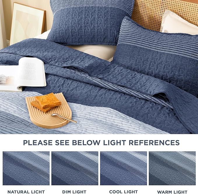 Litanika Quilt Queen Size Sapphire Blue, Stripe Patchwork Summer Bedspread Coverlet 3 Pieces, Soft Lightweight Microfiber Quilted Bedding Set for All Season(1 Quilt, 2 Pillowcases)