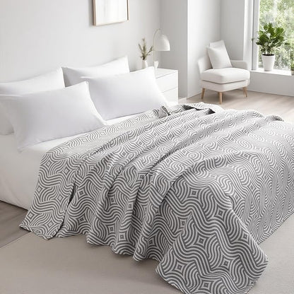 NTBAY 3 Layers Cotton Muslin 68x92 Twin Bed Blanket, Super Soft Breathable Thermal Yarn Dyed Quilt for Adults, Perfect Lightweight Blanket for Couch Sofa Bed All Seasons, Grey Geometric Ripples