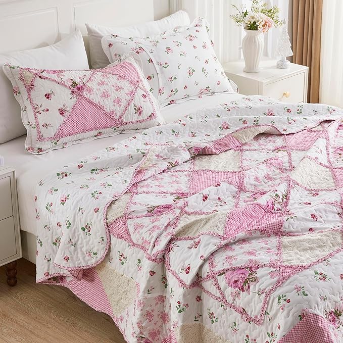 Oversized King Size Pink Floral Plaid Patchwork Quilt Set 128x120 Extra Wide Super King Size Reversible Quilted Bedspread Coverlet Set 3-Piece Comforter Bedding Set Bed Cover with 2 Pillow Shams