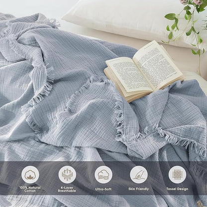 MooMee Muslin Blanket - 100% Cotton 4-Layer Gauze Throw Blanket with Tassels Ultra-Soft Breathable Lightweight Cooling for Bed Couch (Dusty Blue,King 104" x 90")