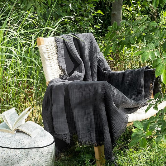 MooMee Muslin Blanket - 100% Cotton 4-Layer Gauze Throw Blanket with All-Around Fringe, Ultra-Soft Breathable Lightweight Cooling Decorative for Bed, Sofa & Couch (Dark Grey,Throw XL 50" x 70")