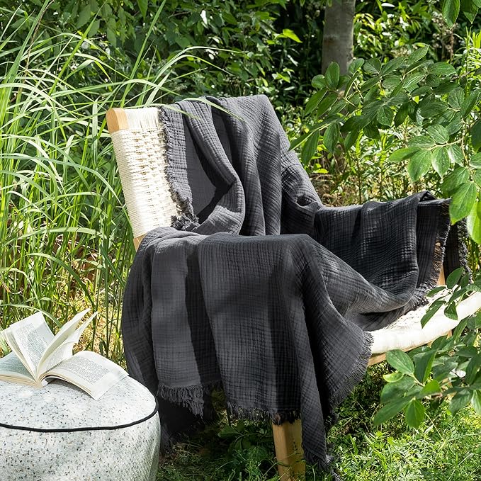 MooMee Muslin Blanket - 100% Cotton 4-Layer Gauze Throw Blanket with All-Around Fringe, Ultra-Soft Breathable Lightweight Cooling Decorative for Bed, Sofa & Couch (Dark Grey,Twin XL 66" x 90")