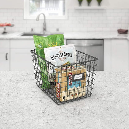 Spectrum Small Wire Basket with Label Plate Industrial Gray Square Wire Storage Basket for Kitchen Bathroom Laundry Pantry Closet Toy Under Sink Organization, Small Wire Basket Organizer for Storage