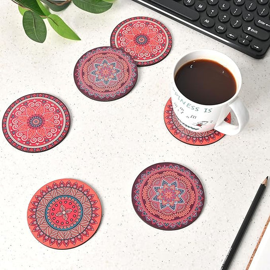 Coaster Set of 6 Fine Mandala Art Wooden Coasters with Proper Coaster Stand Set Fit for Tea Cups, Coffee Mugs and Glasses (3.5 X 3.5 Inch, Fine Mandala Design) Rangoli