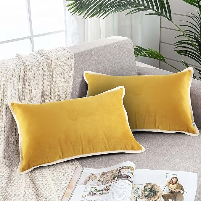 FINGERCRAFT Decorative Throw Pillow Cover Pack of 2 Soft Velvet Cushion Cover, Sofa and Bedroom Pillow Case 12" x 20" Gold