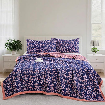 100% Cotton Muslin Jacquard 2 Piece Quilt Set Floral Plum Blossom Print, Soft 3 Layers Gauze Bed Cover Reversible Bedspread Coverlet Breathable Lightweight Bedding Set, Twin