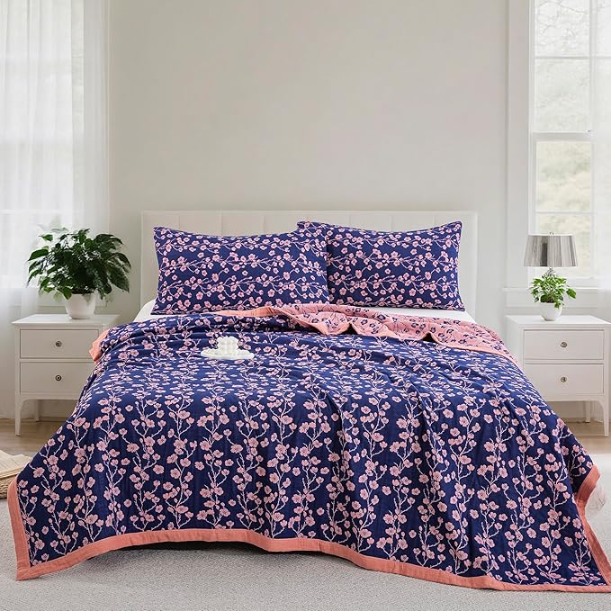100% Cotton Muslin Jacquard 3 Piece Quilt Set Floral Plum Blossom Print, Soft 3 Layers Gauze Bed Cover Reversible Bedspread Coverlet Breathable Lightweight Bedding Set, King
