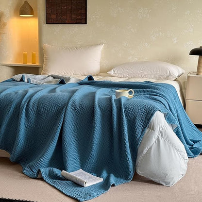 FALUCA Cotton Muslin Reversible Blanket King Size for Bed, Couch, Four Layers Blanket, Soft Lightweight Cozy Breathable Farmhouse Decoration for All-Season, Light Blue
