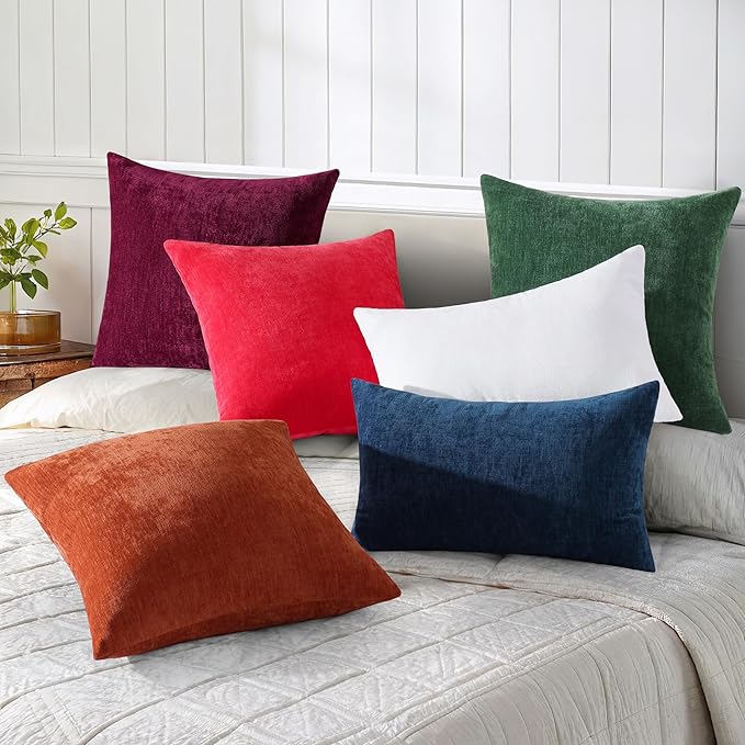 decorUhome Chenille White Spring Throw Pillow Covers 18x18 Inch Set of 2, Decorative Soft Couch Pillow Covers Solid Dyed Accent Farmhouse Neutral Square Pillow Cases for Sofa