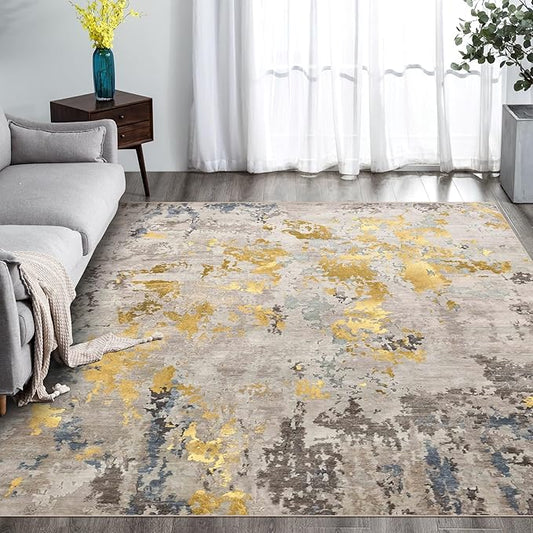 vivorug Washable Rug, Ultra Soft Area Rug 8x10, Non Slip Abstract Rug Carpet, Stain Resistant Rugs for Living Room Bedroom, Modern Fluffy Rug (Grey/Mustard, 8'x10')