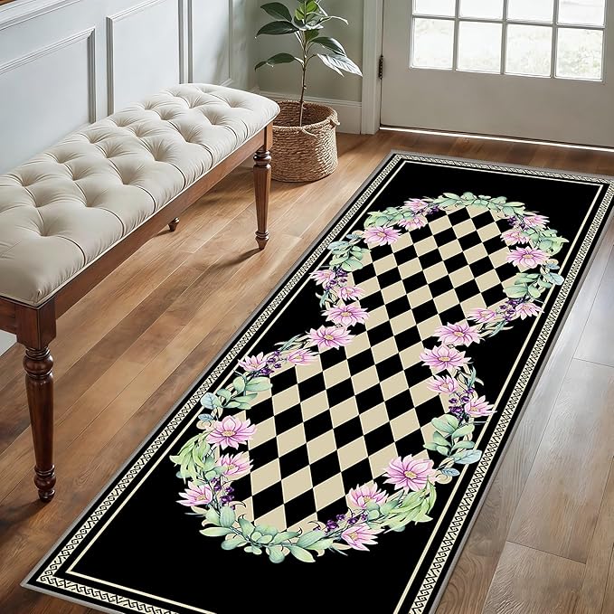 Vintage Farmhouse Checkered Hallway Carpet, 2x10ft, Elegant Floral Flower Checkerboard Indoor Throw Rugs, Absorbent Washable Foldable No Crease High Traffic Mat for Laundryroom Floor