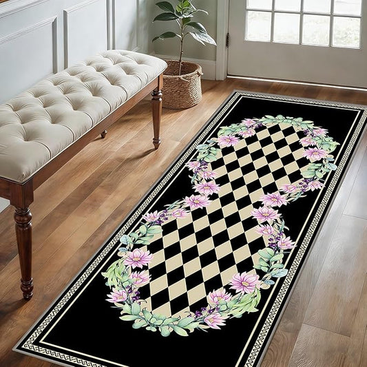 Vintage Farmhouse Checkered Hallway Carpet, 2x10ft, Elegant Floral Flower Checkerboard Indoor Throw Rugs, Absorbent Washable Foldable No Crease High Traffic Mat for Laundryroom Floor