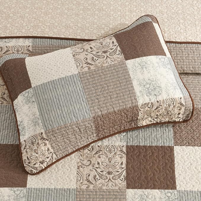 SahSahCasa 100% Cotton 120"x120" Oversized California King Bedspread Coverlet Quilt Set, Cal King Plaid Paisley Floral Extra Large Reversible XL Bed Spread Lightweight Comforter, Brown/Beige/Gray