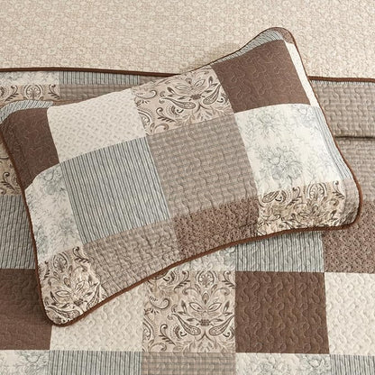 SahSahCasa 100% Cotton 120"x102" Oversized Queen Bedspread Coverlet Quilt Set, Plaid Paisley Floral Extra Large Reversible XL Bed Spread Lightweight Comforter, Brown/Beige/Gray