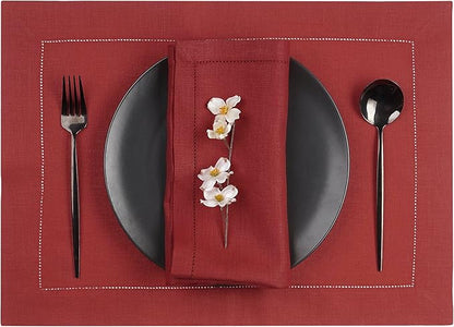 D'Moksha Homes Red Linen Placemats Set of 4 - Classic Hemstitch Placemats 14 x 19 Inch - 100% Pure Linen Table Mats for Valentines, Holiday, New Year - Handcrafted and Machine Washable