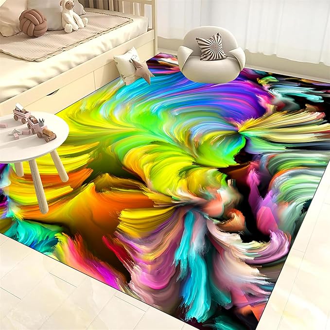 Super Soft Living Room Area Rug Non-Slip Washable Foldable Stain Resistant Rug Modern Abstract Art Rug Colorful Water Wave Print Indoor Dining Room Bedroom Office Carpet 6x9ft