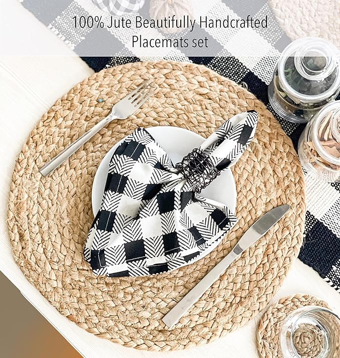 CHARDIN HOME Round Woven Jute Braided Set of 4 PLACEMATS | 14 inch Round Farmhouse Table mats | All Natural Jute for