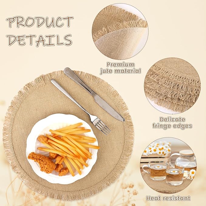 Aneco 12 Pcs Jute Placemats, 15 Inch Round Burlap Placemats, Boho Natural Jute with Fringe Table Mat, Heat Resistant Natural Farmhouse Table Mats for Wedding Birthday Party Dining Tables Decor