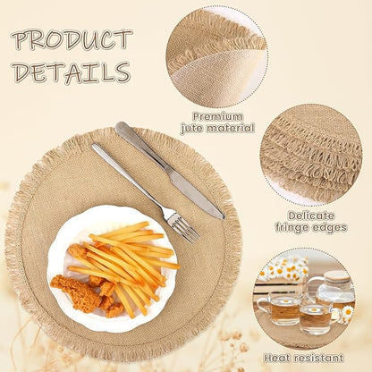 Aneco 12 Pcs Jute Placemats, 15 Inch Round Burlap Placemats, Boho Natural Jute with Fringe Table Mat, Heat Resistant Natural Farmhouse Table Mats for Wedding Birthday Party Dining Tables Decor