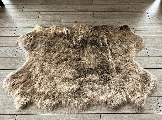 Free Shape Luxury Soft Fluffy Shag Area Rug Single Quarto 4 Pelts 4'x6',120x180 cm - Vegan Fur Ultra Soft Indoor Carpet Nursery Rugs for Bedroom Home Decor, Brown with Beige Tips